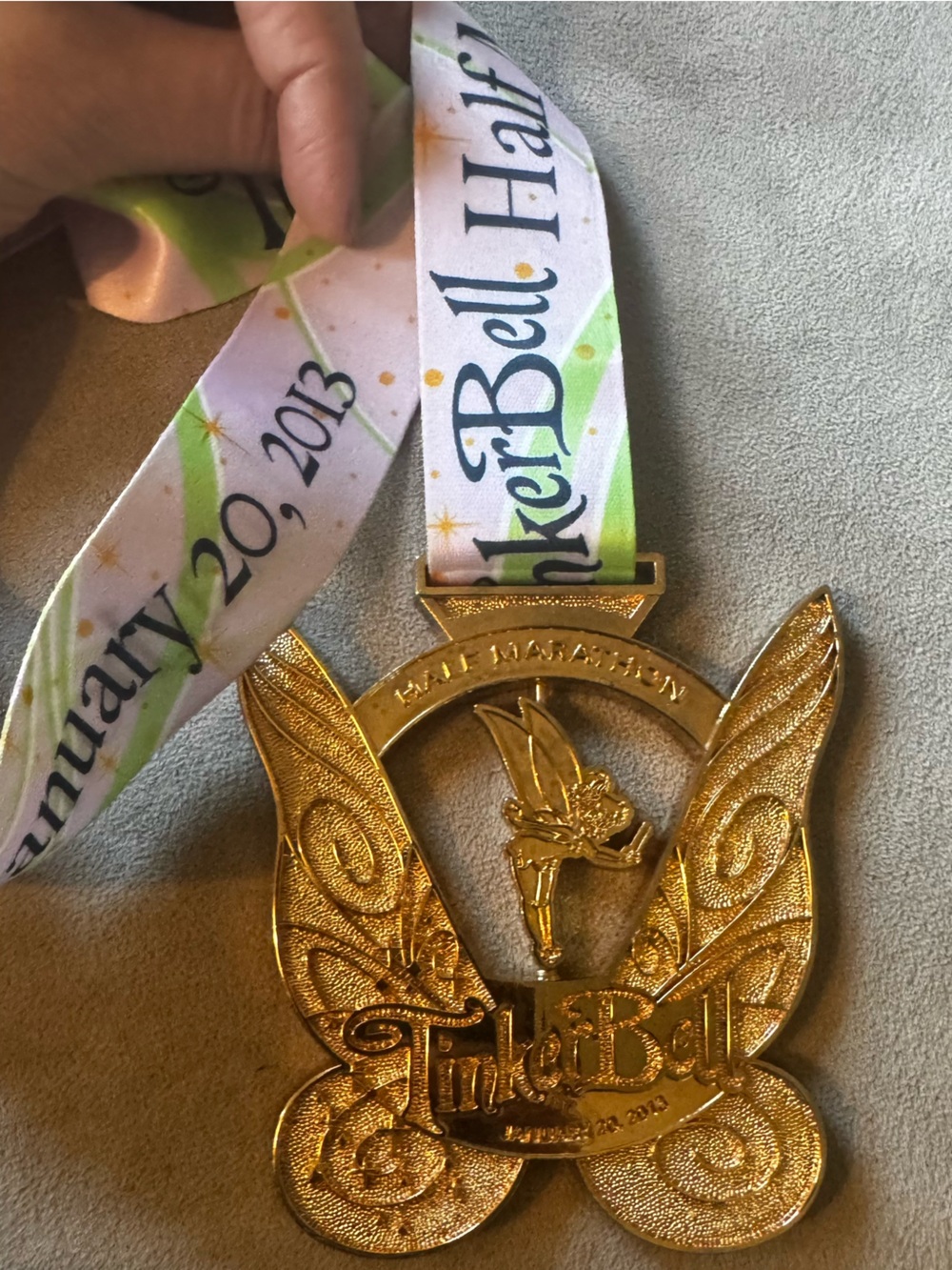 Disney Gold Tinker Bell half marathon January 20, 2013 with Ribbon Lanyard pink
